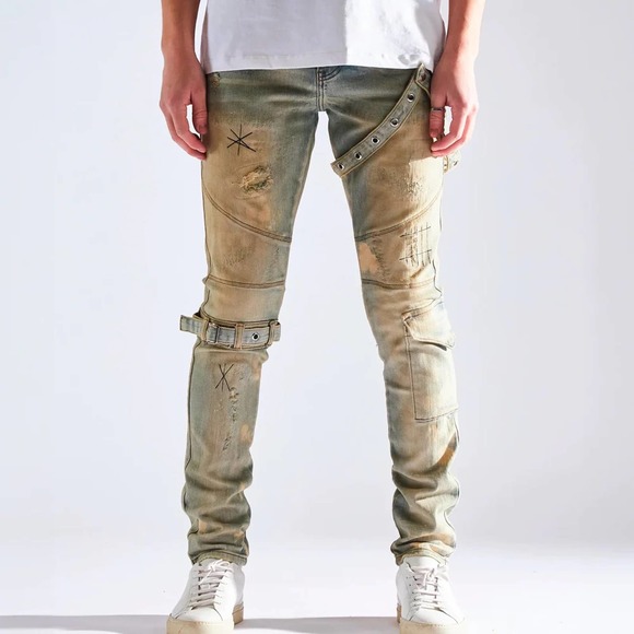 Embellish NYC Men's Buckle Straps Rip & Repair Distressed Skinny Fit Denim Jeans